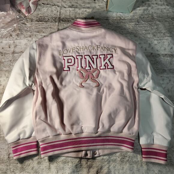 VS PINK x LoveShackFancy Pink and White College Boyfriend Varsity Jacket Size M - Picture 8 of 8